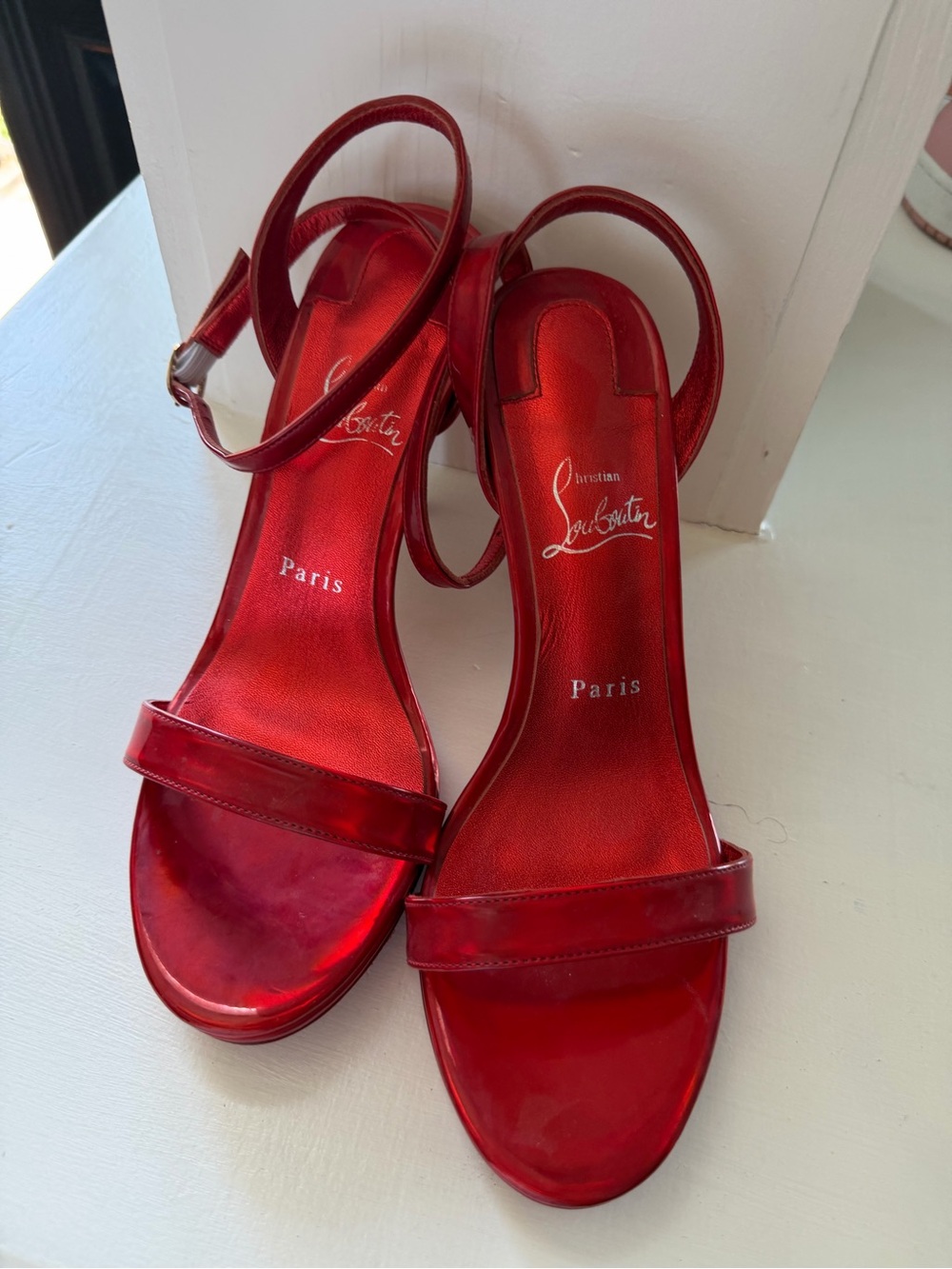 Christian Louboutin Red Patent Open-Toe Ankle-Strap Heels - Picture 6 of 6